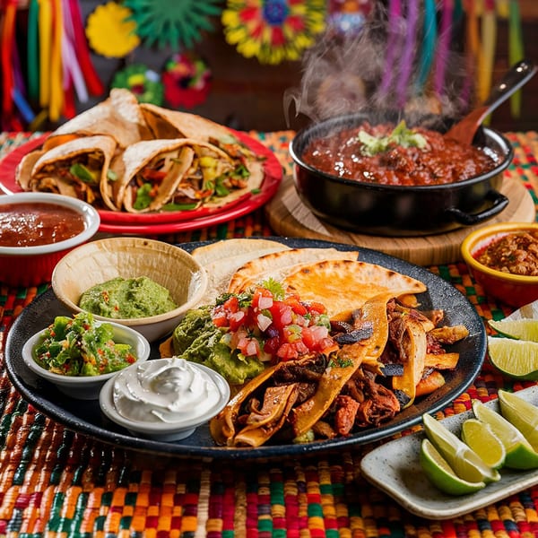 A vibrant spread of Mexican food including tacos, burritos, and steaming chili, with guacamole and salsa.